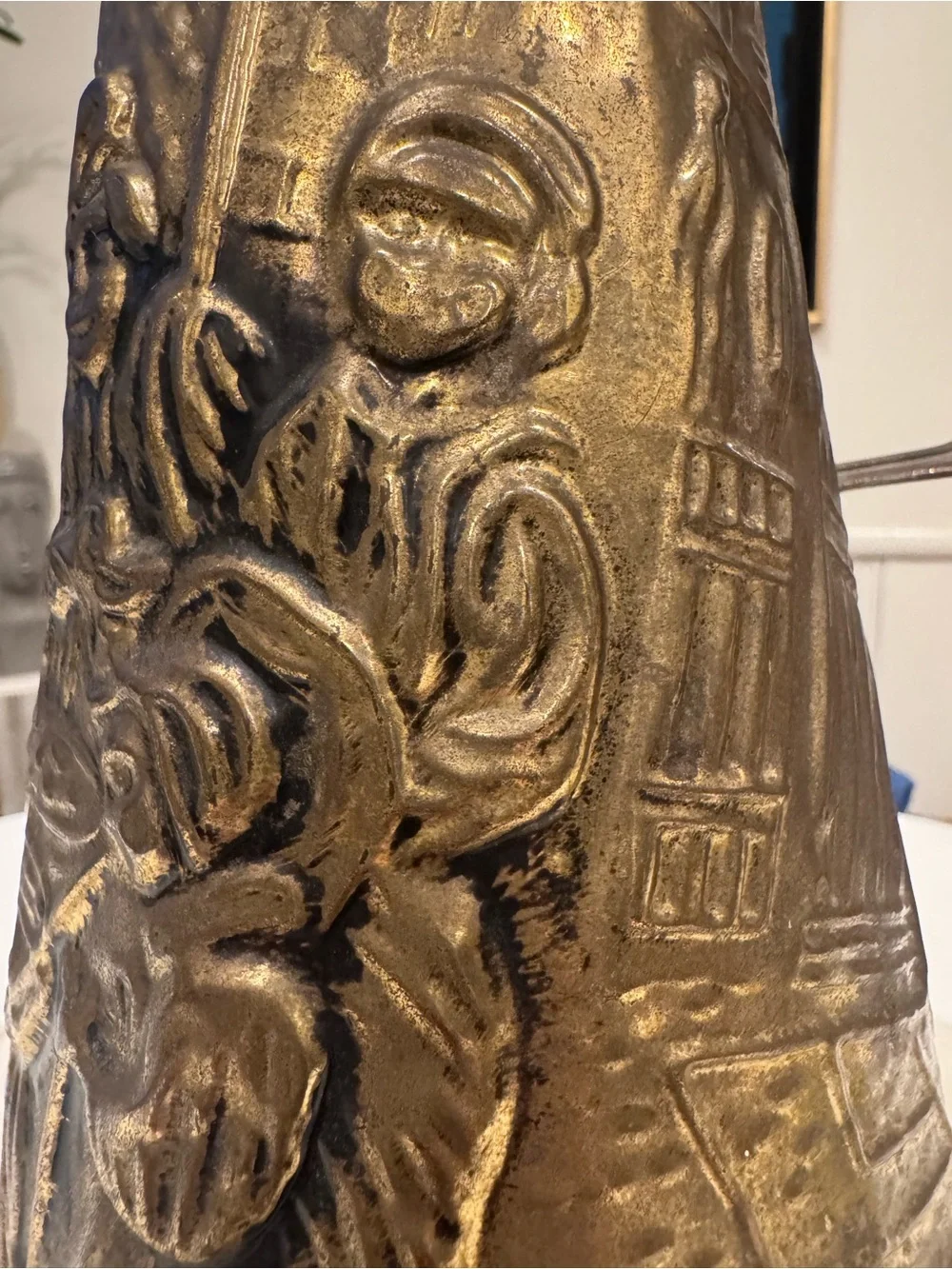 Brass-Tone Embossed Decorative Pitcher